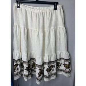 Women's XL 100% Linen Roses Boho Skirt Midi Cottage Beach Hot‎ Cotton VTG Unique